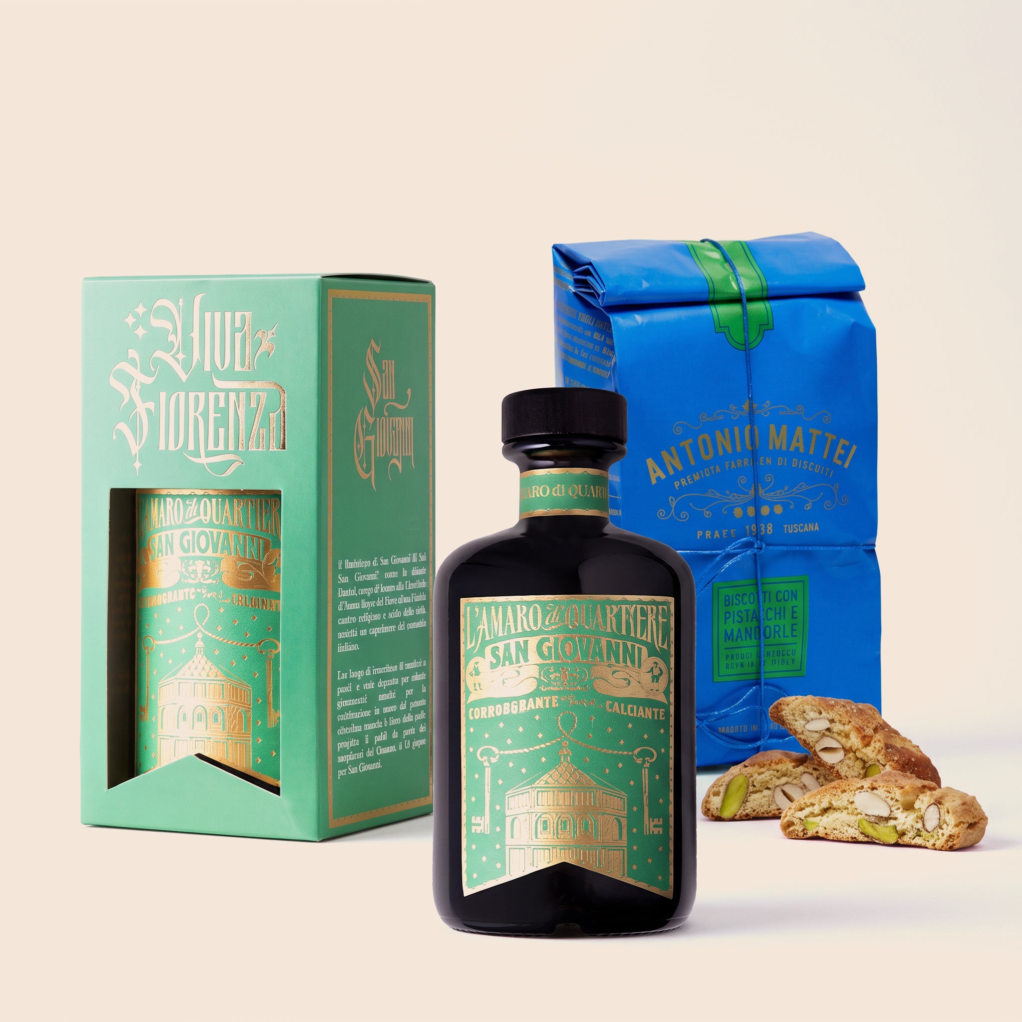 Composizione San Giovanni incontra Prato — Amaro di Quartiere Verdi e Cantucci di Prato con pistacchio e mandorle Antonio Mattei
