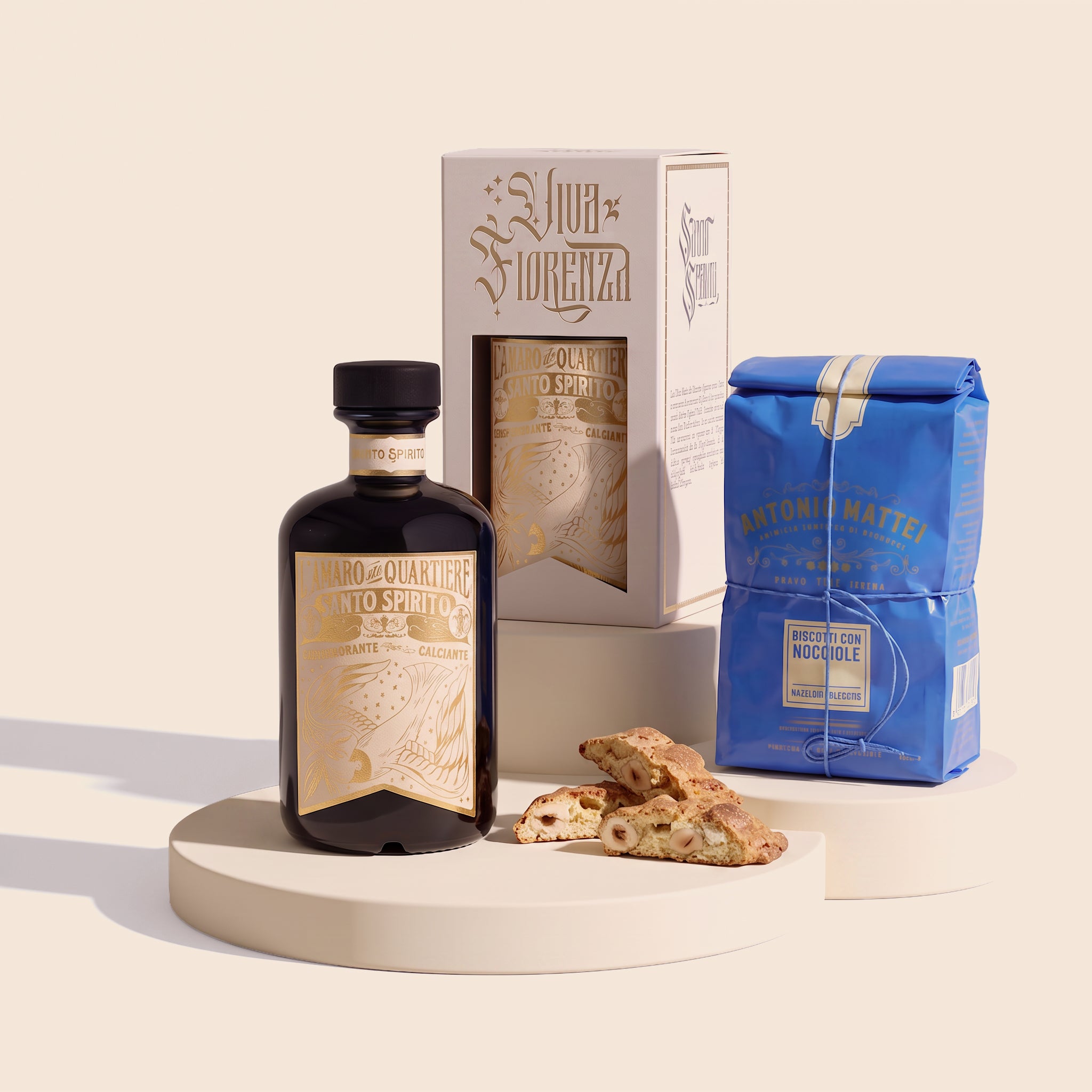 Composizione Santo Spirito incontra Prato — Amaro di Quartiere Bianchi e Cantucci di Prato con nocciole Antonio Mattei