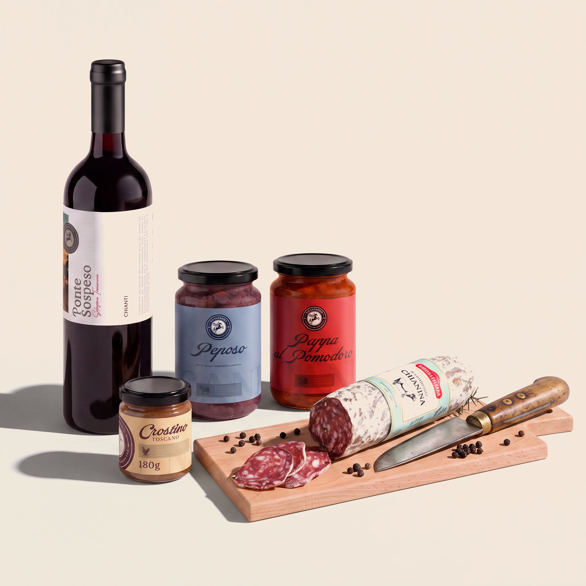 Composizione Amore e ciccia — Chianti DOCG, Peposo, pappa al pomodoro, crostino e salame di Chianina