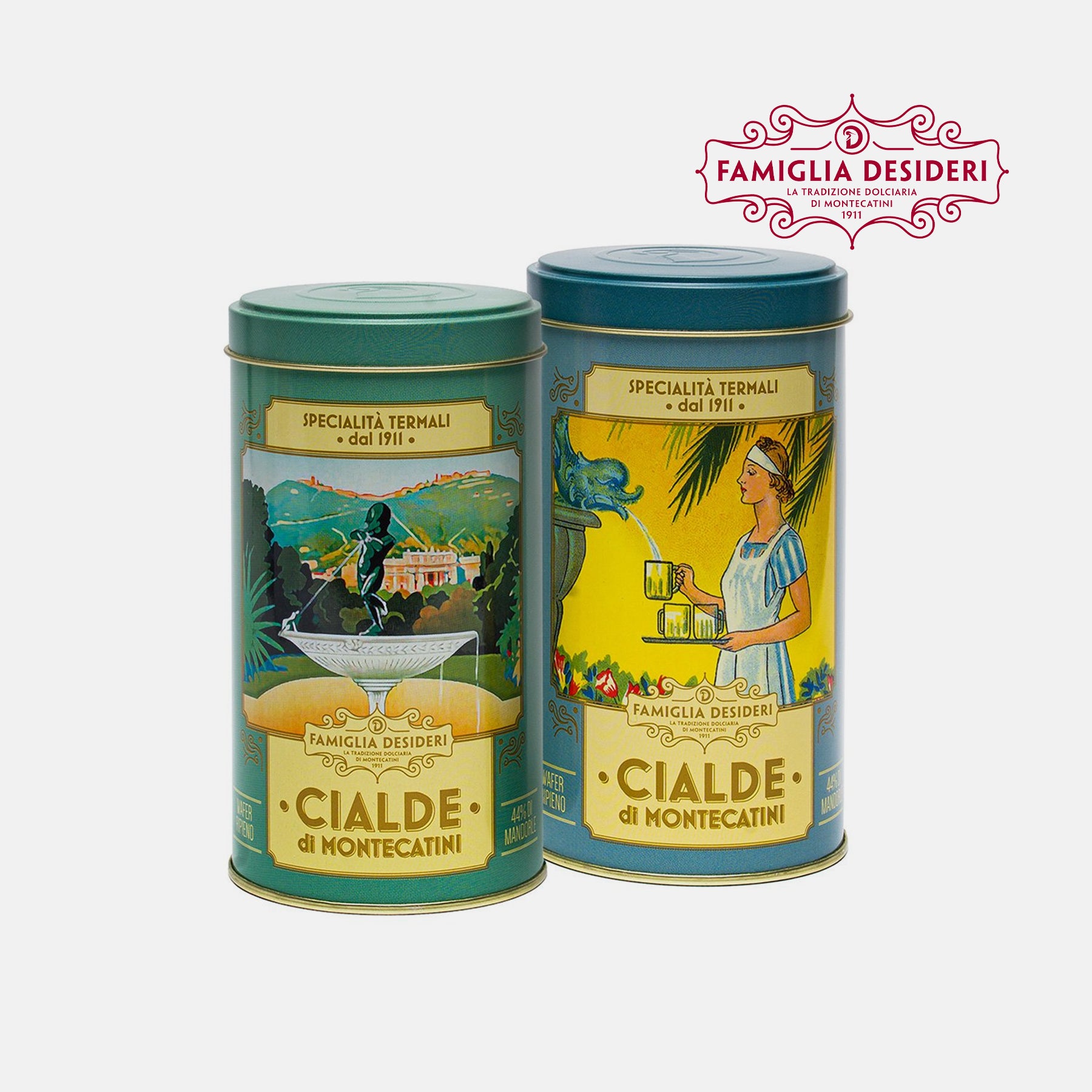 Kit Cialde di Montecatini Mini, due scatole di latta Vintage da collezione, 20 pezzi da Ø6cm per scatola - Famiglia Desideri 1991.