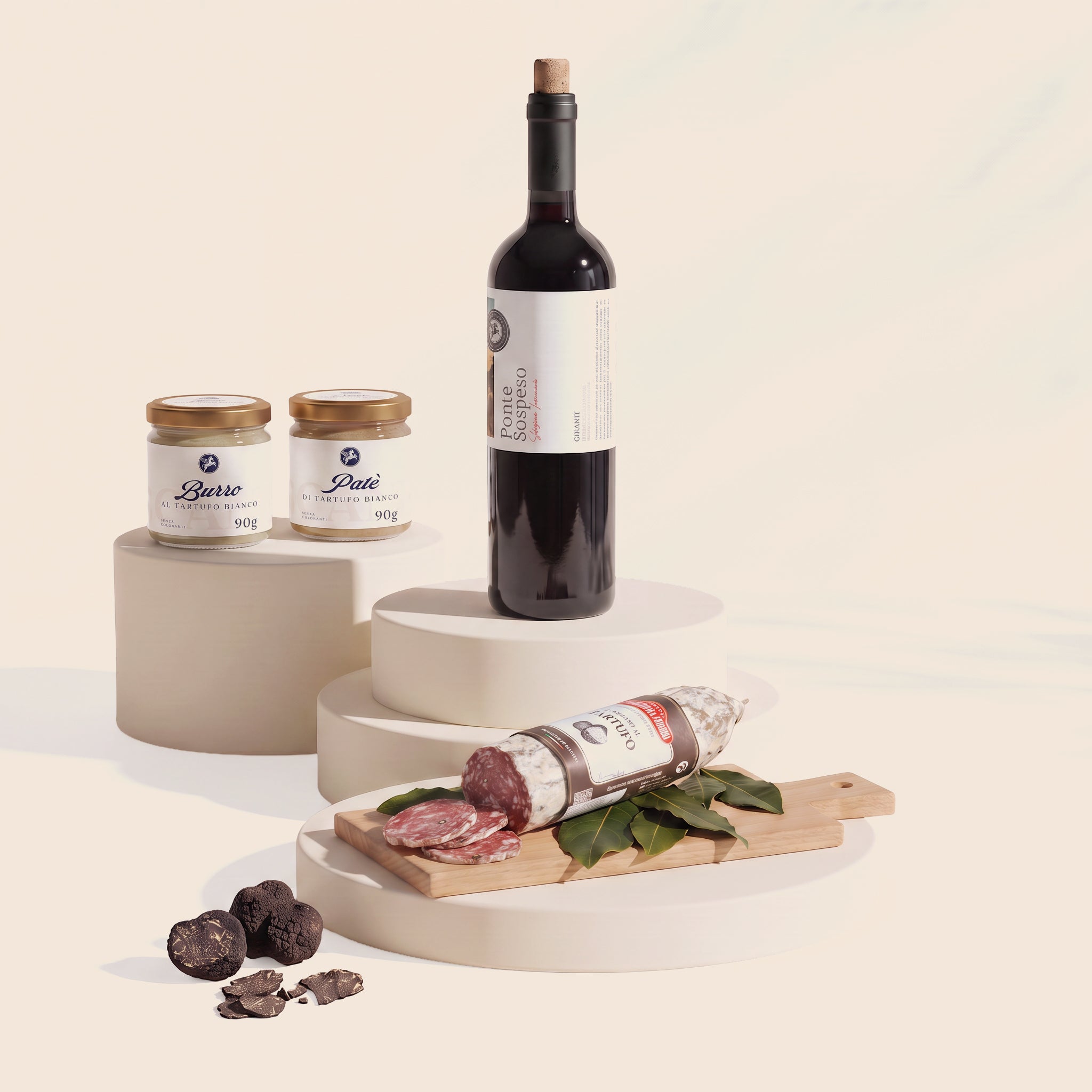 Composizione Passione Tartufo — burro e paté di tartufo bianco, Chianti DOCG, salame al tartufo e tartufi