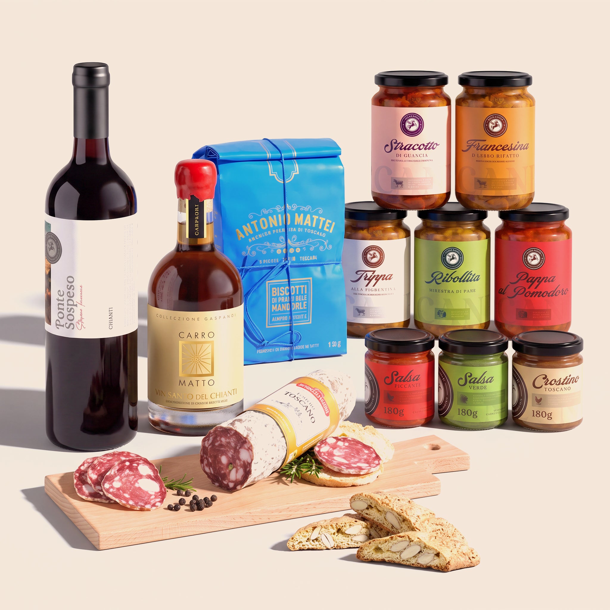 Composizione Il Pranzo della domenica — nove specialità toscane: vasetti, salame, cantucci, Chianti e Vin Santo